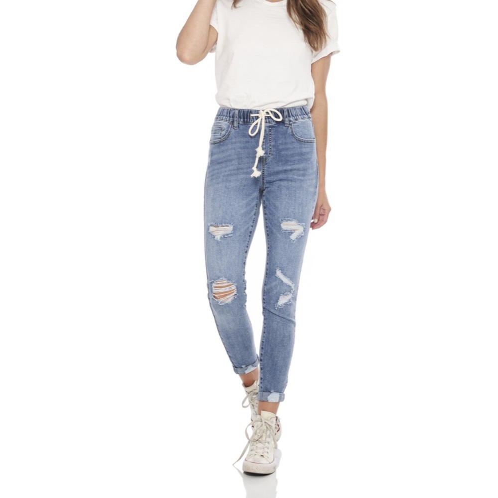 Skinny High-Rise Jeans, Small Rips and Drawstring